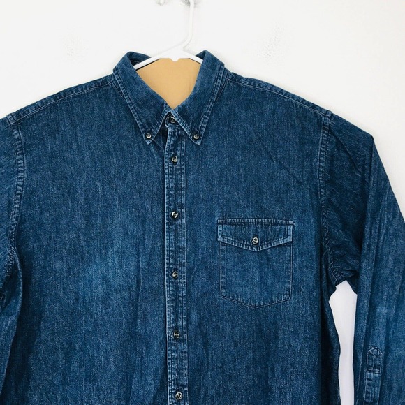 Lands End Men's XXL Shirt Blue Denim Long Sleeve Pocket Front Button Up DB6 - Picture 2 of 5